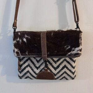 Myra Bag Brown & Cream Chevron Haircalf Crossbody